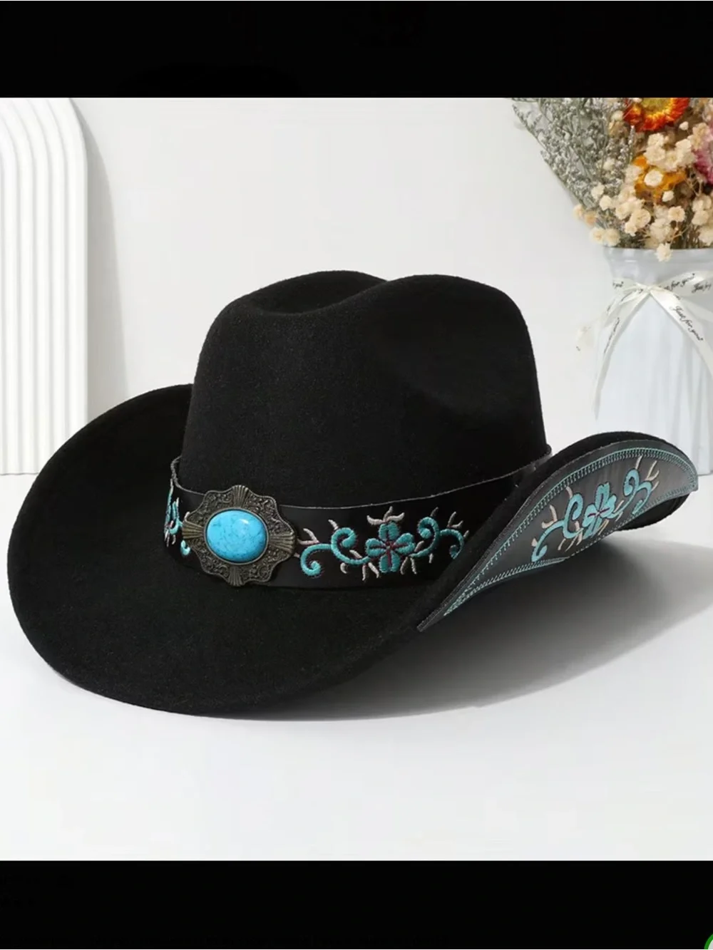 Women's Black Western Cowboy Hat with Turquoise Embroidery